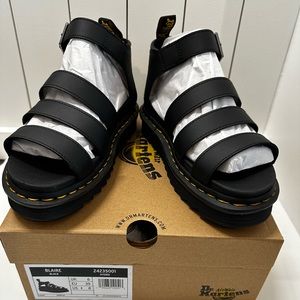 Dr. Martens Black Leather Strappy Platform Sandals with Yellow Stitching